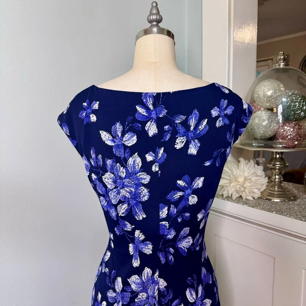 Connected Apparel Blue Floral Ruched Sheath Dress Size 8p - Picture 7 of 11